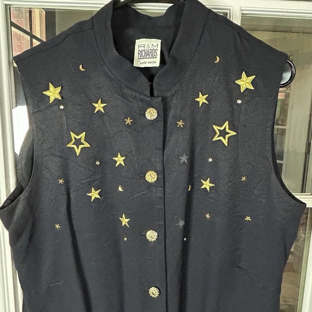 Vintage 90s R&M Richard's Karen Kwong Navy Celestial Embroidered Vest Size 16 - Picture 6 of 16